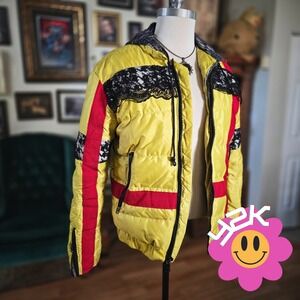 Vintage Y2K Yellow Puffer Beaded Lace Jacket with Red Racing Stripes Coat